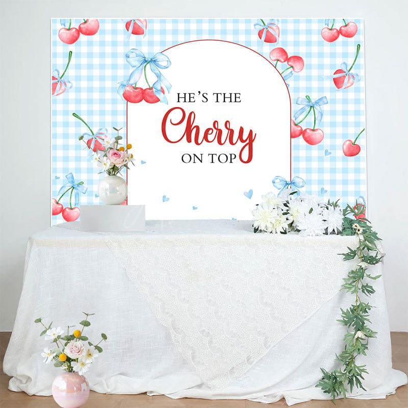 Aperturee - Aperturee Blue Plaid Red Cherry On Top Baby Shower Backdrop