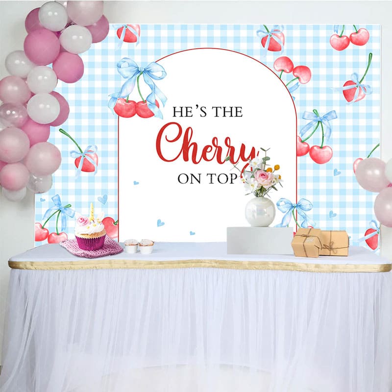 Aperturee - Aperturee Blue Plaid Red Cherry On Top Baby Shower Backdrop