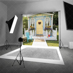Aperturee - Aperturee Blue Playhouse Photography Backdrop with Yellow Heart Door Sunflowers and Adventure Awaits Sign for Kids Party
