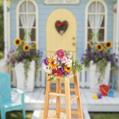 Aperturee - Aperturee Blue Playhouse Photography Backdrop with Yellow Heart Door Sunflowers and Adventure Awaits Sign for Kids Party