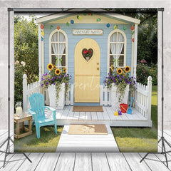 Aperturee - Aperturee Blue Playhouse Photography Backdrop with Yellow Heart Door Sunflowers and Adventure Awaits Sign for Kids Party