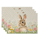 Aperturee - Aperturee Blue Polka Dot Easter Bunny Set of 4 Placemats Spring Wildflower Rabbit Table Mats for Party