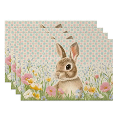 Aperturee - Aperturee Blue Polka Dot Easter Bunny Set of 4 Placemats Spring Wildflower Rabbit Table Mats for Party