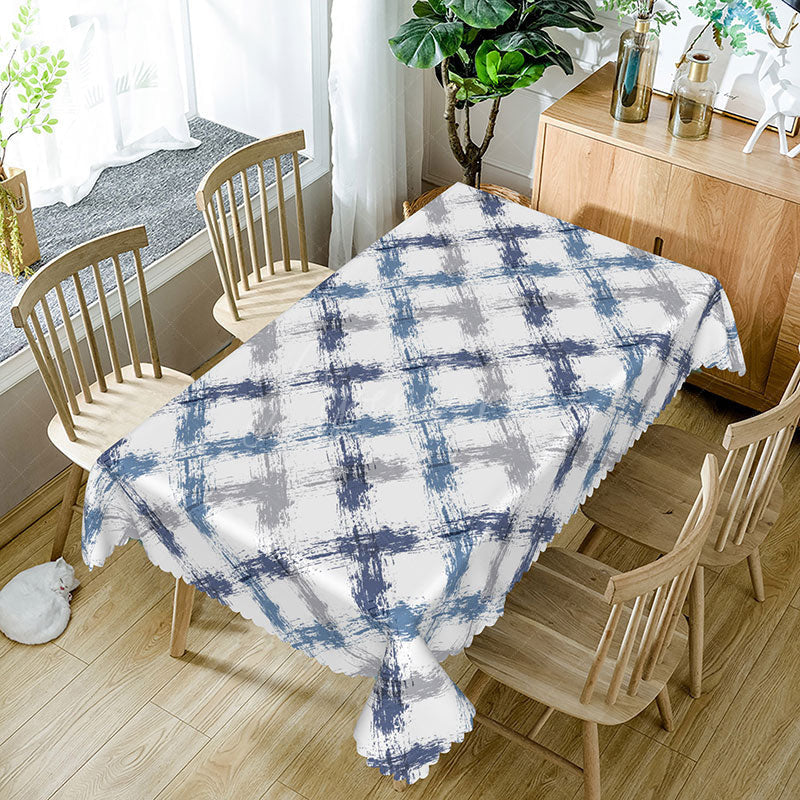 Aperturee - Aperturee Blue Purple and Grey Graffiti Grid Rectangle Tablecloth for Urban Art and Abstract Dining Decor