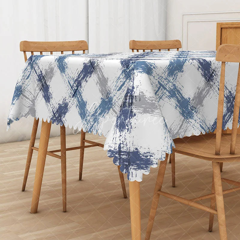 Aperturee - Aperturee Blue Purple and Grey Graffiti Grid Rectangle Tablecloth for Urban Art and Abstract Dining Decor