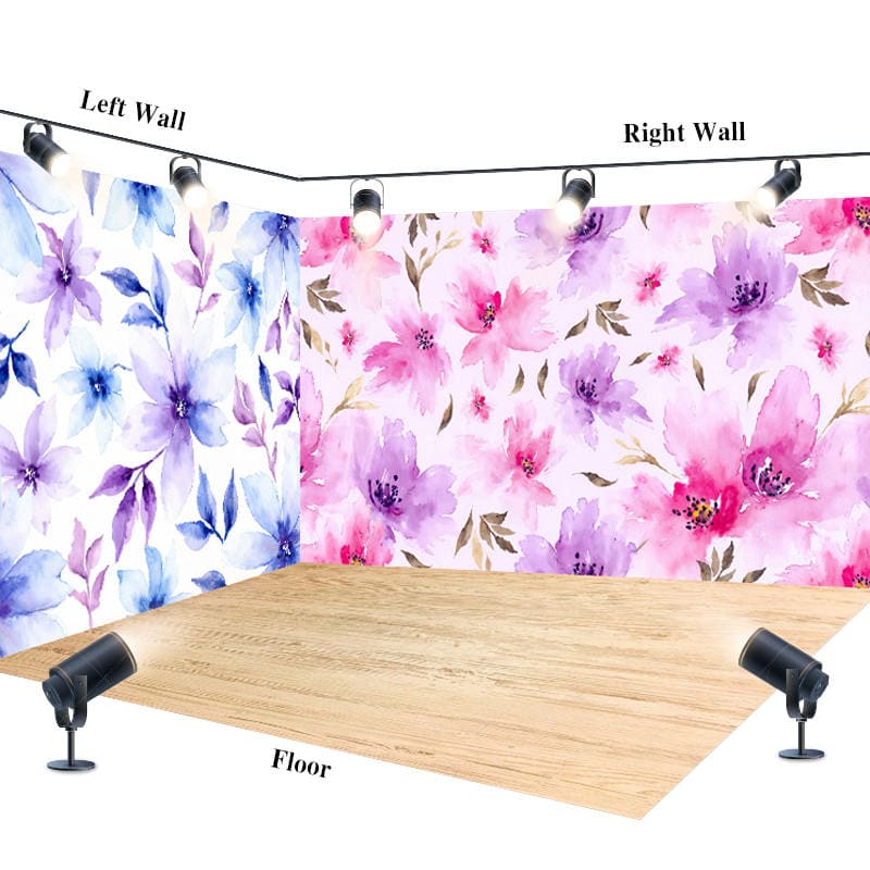 Aperturee - Aperturee Blue Purple Pink Floral Wood Floor Room Set Backdrop