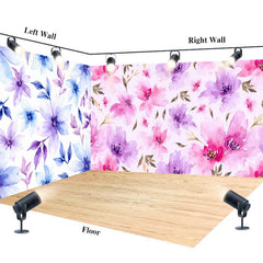 Aperturee - Aperturee Blue Purple Pink Floral Wood Floor Room Set Backdrop