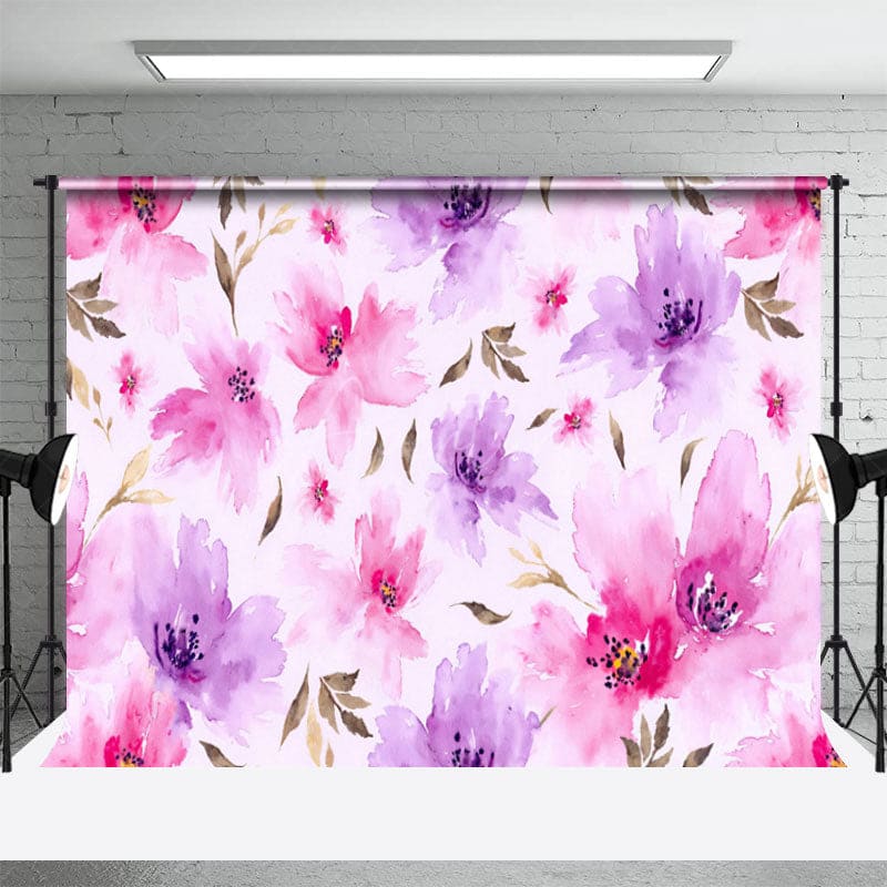 Aperturee - Aperturee Blue Purple Pink Floral Wood Floor Room Set Backdrop