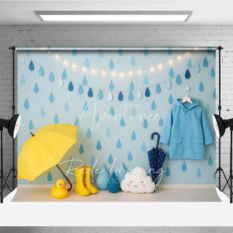 Aperturee - Aperturee Blue Raindrop and Raincoat Photo Backdrop April Showers Baby Shower Photography Background