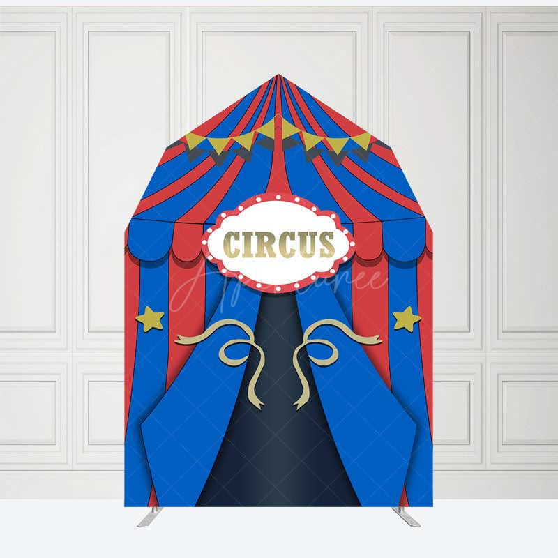 Aperturee Aperturee Blue Red Circus Barn Door Arch Birthday Backdrop