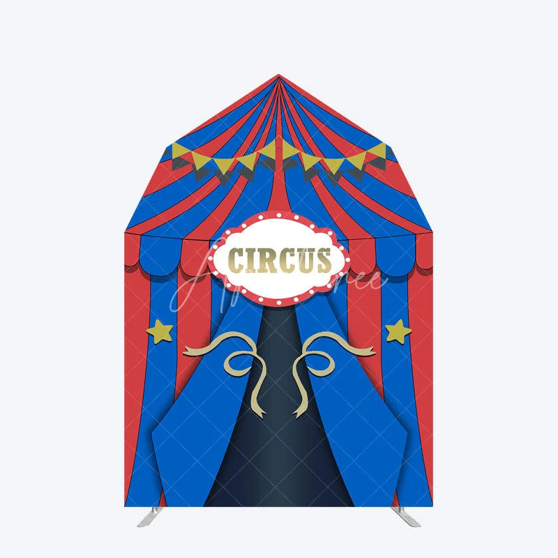 Aperturee - Aperturee Blue Red Circus Barn Door Arch Birthday Backdrop