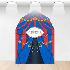 Aperturee - Aperturee Blue Red Circus Barn Door Arch Birthday Backdrop