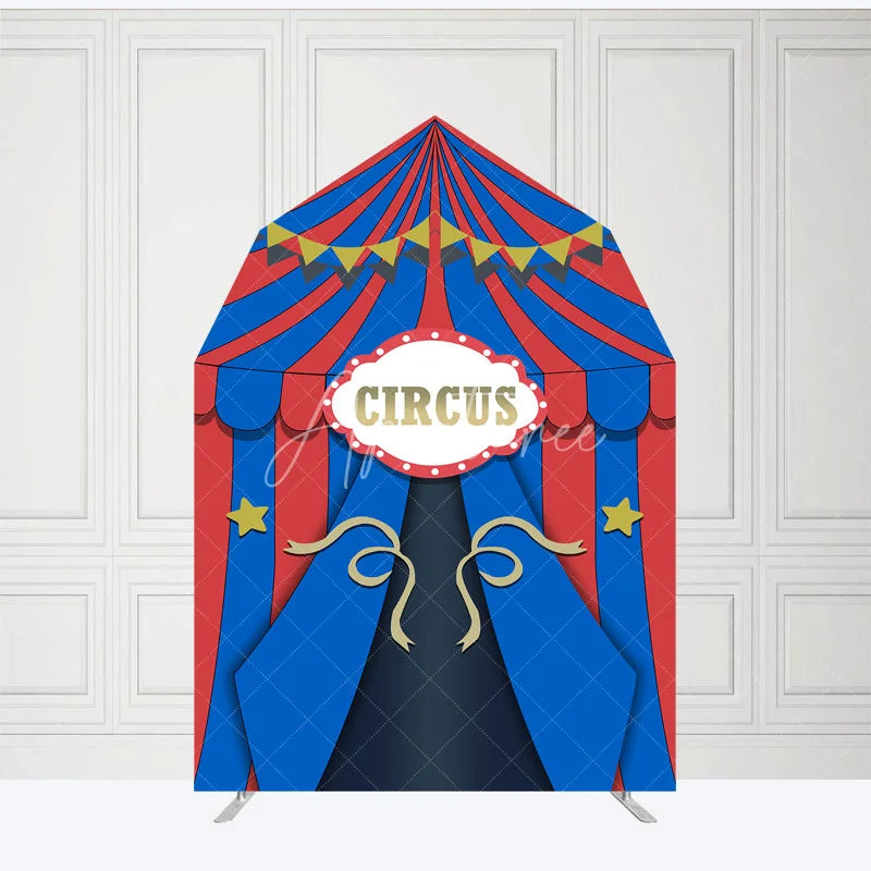 Aperturee - Aperturee Blue Red Circus Barn Door Arch Birthday Backdrop