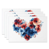 Aperturee - Aperturee Blue Red Floral Heart Set of 4 Placemats Watercolor Bloom Valentine Decoration Spring Garden Table Mat