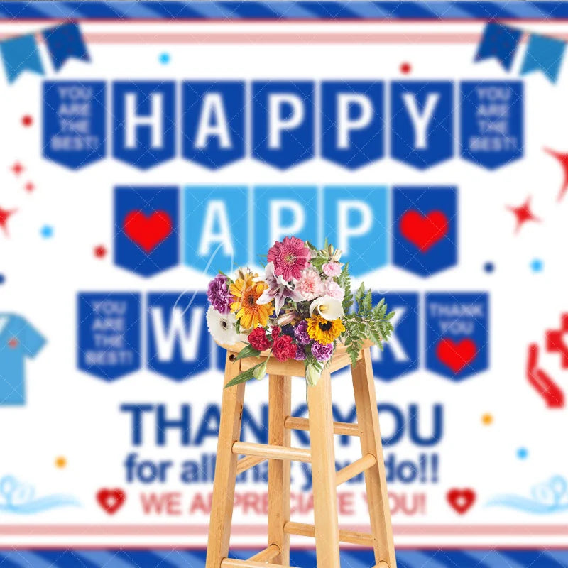 Aperturee - Aperturee Blue Red White Healthcare Appreciation Week Holiday Backdrop featuring Medical Symbols and Thank You Messages