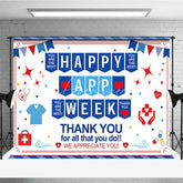 Aperturee - Aperturee Blue Red White Healthcare Appreciation Week Holiday Backdrop featuring Medical Symbols and Thank You Messages