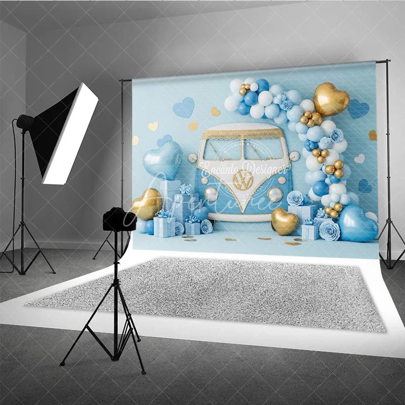 Aperturee - Aperturee Blue Retro Bus Valentine Day Backdrop Vintage Van Gold Balloons Gift Box Background Boy Party Photography Prop
