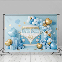 Aperturee - Aperturee Blue Retro Bus Valentine Day Backdrop Vintage Van Gold Balloons Gift Box Background Boy Party Photography Prop