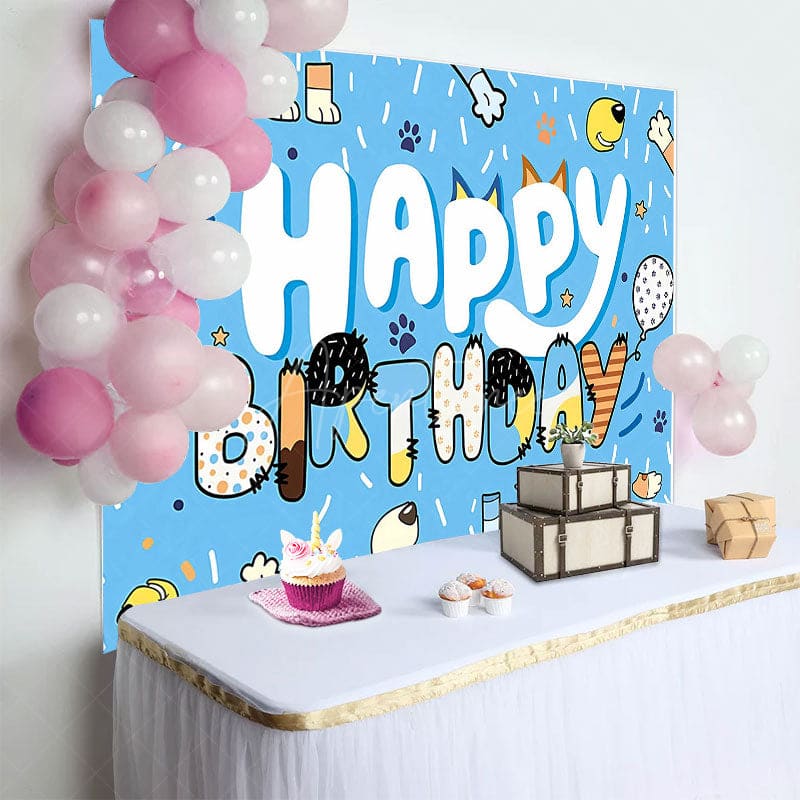Aperturee - Aperturee Blue Ribbons Dog Paw Print Happy Birthday Backdrop