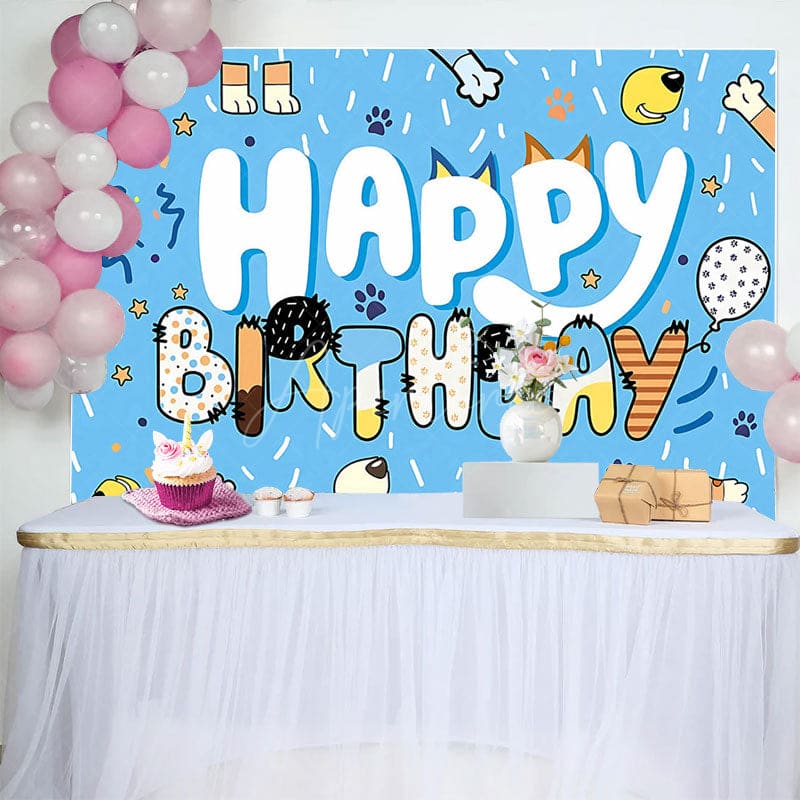 Aperturee - Aperturee Blue Ribbons Dog Paw Print Happy Birthday Backdrop
