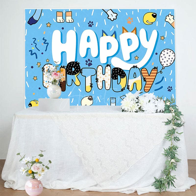 Aperturee - Aperturee Blue Ribbons Dog Paw Print Happy Birthday Backdrop
