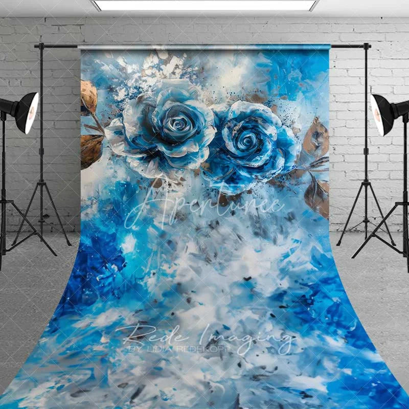 Aperturee - Aperturee Blue Rose Fine Art Sweep Photo Backdrop Abstract Oil Painting Floral Background Silver Gold Leaf Floor Prop