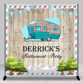 Aperturee - Aperturee Blue RV Trees Wooden Custom Name Retirment Backdrop