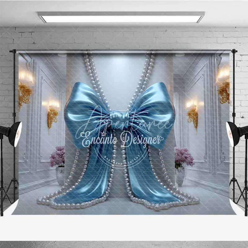 Aperturee - Aperturee Blue Satin Bow and Pearl Strings Photography Backdrop Elegant White Wall for Baby Shower Birthday Party