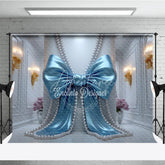Aperturee - Aperturee Blue Satin Bow and Pearl Strings Photography Backdrop Elegant White Wall for Baby Shower Birthday Party