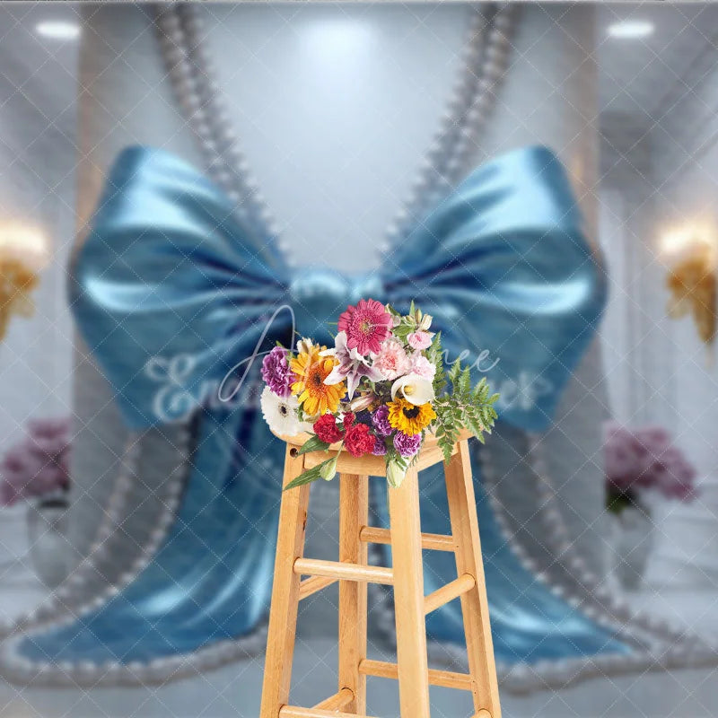 Aperturee - Aperturee Blue Satin Bow and Pearl Strings Photography Backdrop Elegant White Wall for Baby Shower Birthday Party