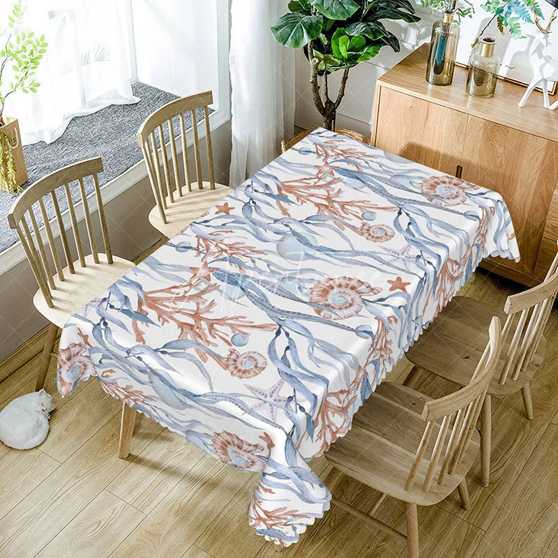 Aperturee - Aperturee Blue Sea Grass and Snail Rectangle Tablecloth for Coastal and Underwater Themed Kitchen Decor