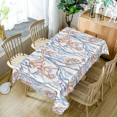 Aperturee - Aperturee Blue Sea Grass and Snail Rectangle Tablecloth for Coastal and Underwater Themed Kitchen Decor
