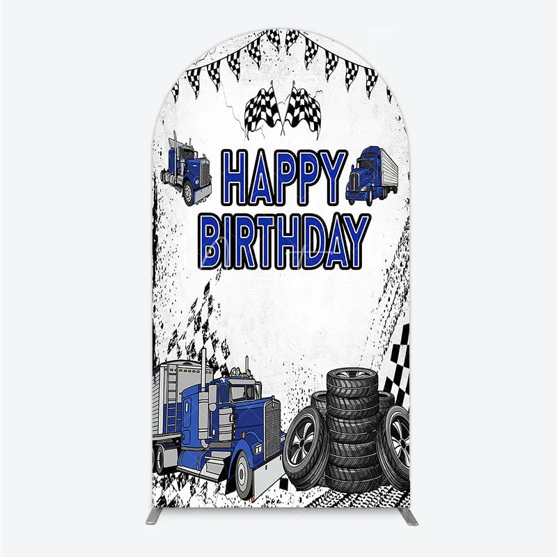 Aperturee - Aperturee Blue Semi Truck Happy Birthday Arch Backdrop Checkered Flag Transportation