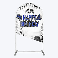Aperturee - Aperturee Blue Semi Truck Happy Birthday Arch Backdrop Checkered Flag Transportation