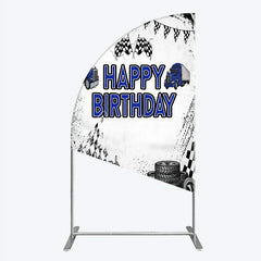 Aperturee - Aperturee Blue Semi Truck Happy Birthday Half Moon Arch Backdrop Checkered Flag Transportation