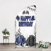 Aperturee - Aperturee Blue Semi Truck Happy Birthday Half Moon Arch Backdrop Checkered Flag Transportation