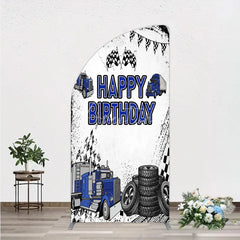 Aperturee - Aperturee Blue Semi Truck Happy Birthday Half Moon Arch Backdrop Checkered Flag Transportation