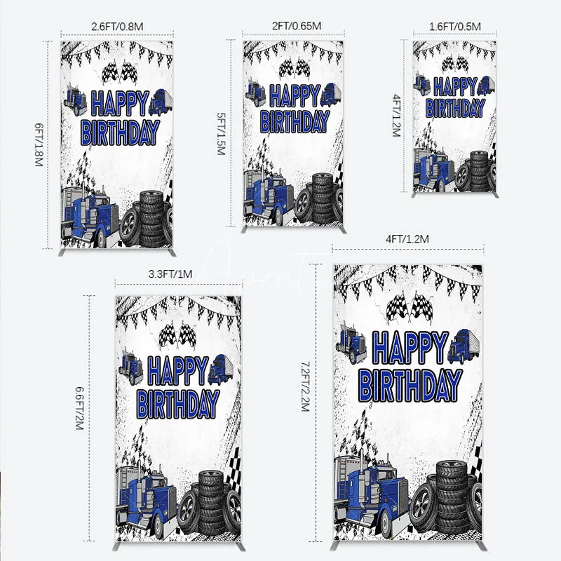 Aperturee - Aperturee Blue Semi Truck Happy Birthday Rectangle Backdrop Checkered Flag Transportation