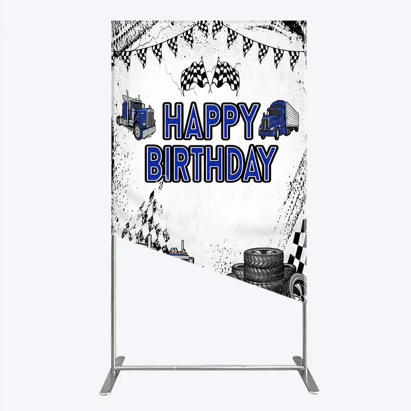 Aperturee - Aperturee Blue Semi Truck Happy Birthday Rectangle Backdrop Checkered Flag Transportation