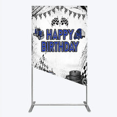 Aperturee - Aperturee Blue Semi Truck Happy Birthday Rectangle Backdrop Checkered Flag Transportation