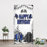 Aperturee - Aperturee Blue Semi Truck Happy Birthday Rectangle Backdrop Checkered Flag Transportation