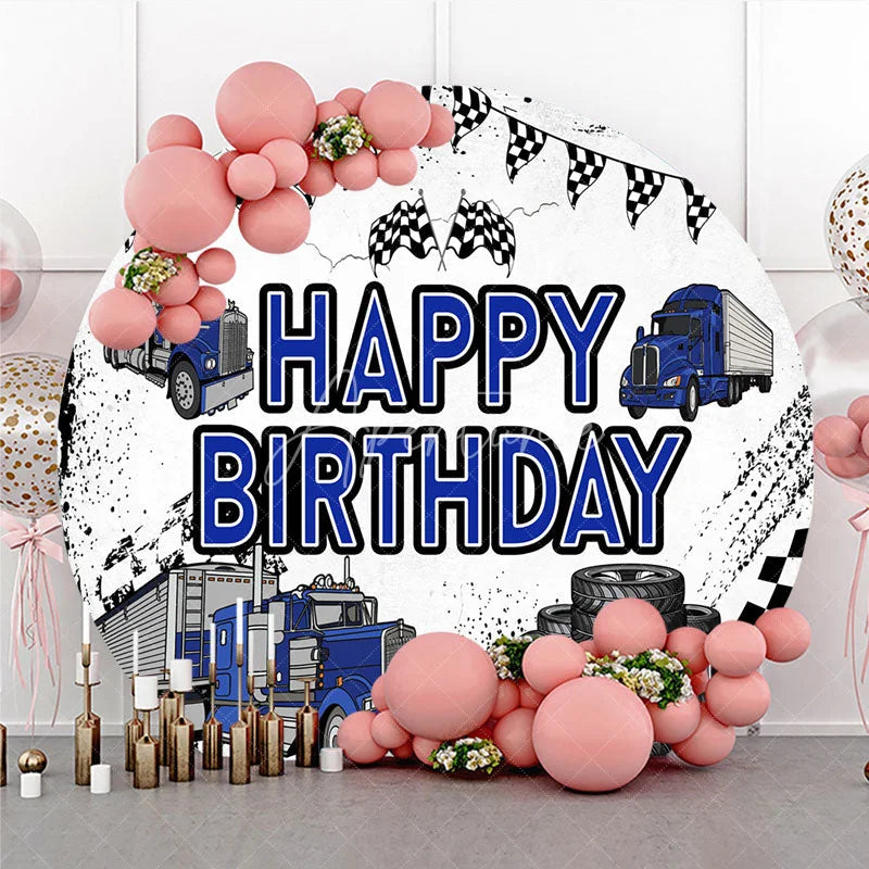 Aperturee - Aperturee Blue Semi Truck Round Backdrop Transportation Birthday Party Tire Photography Background