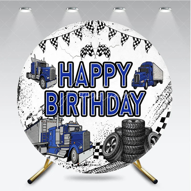 Aperturee - Aperturee Blue Semi Truck Round Backdrop Transportation Birthday Party Tire Photography Background