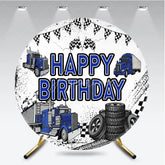 Aperturee - Aperturee Blue Semi Truck Round Backdrop Transportation Birthday Party Tire Photography Background