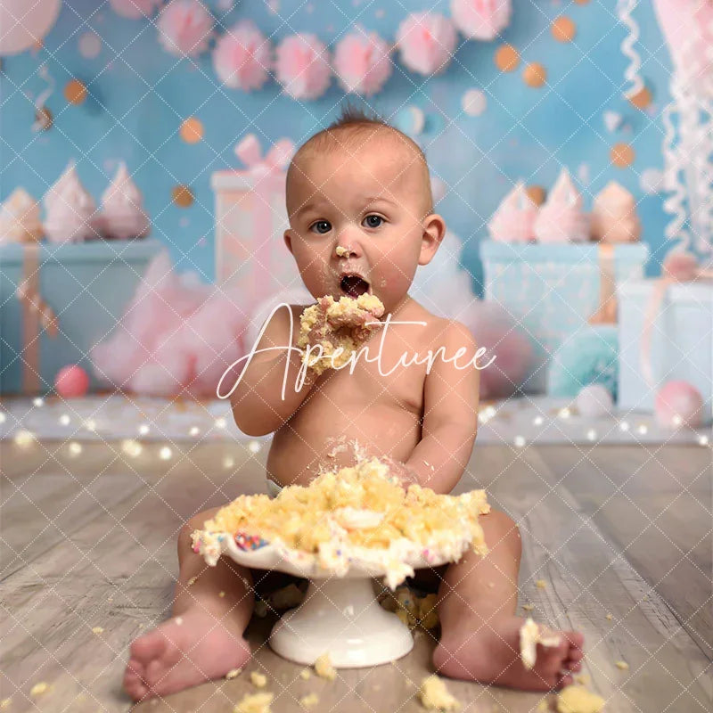 Aperturee - Aperturee Blue Sequins Wall Balloons Gifts Cake Smash Backdrop