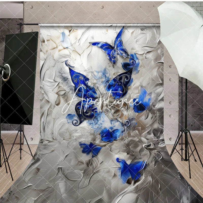 Aperturee - Aperturee Blue Silver Artistic Abstract Butterfly Sweep Backdrop