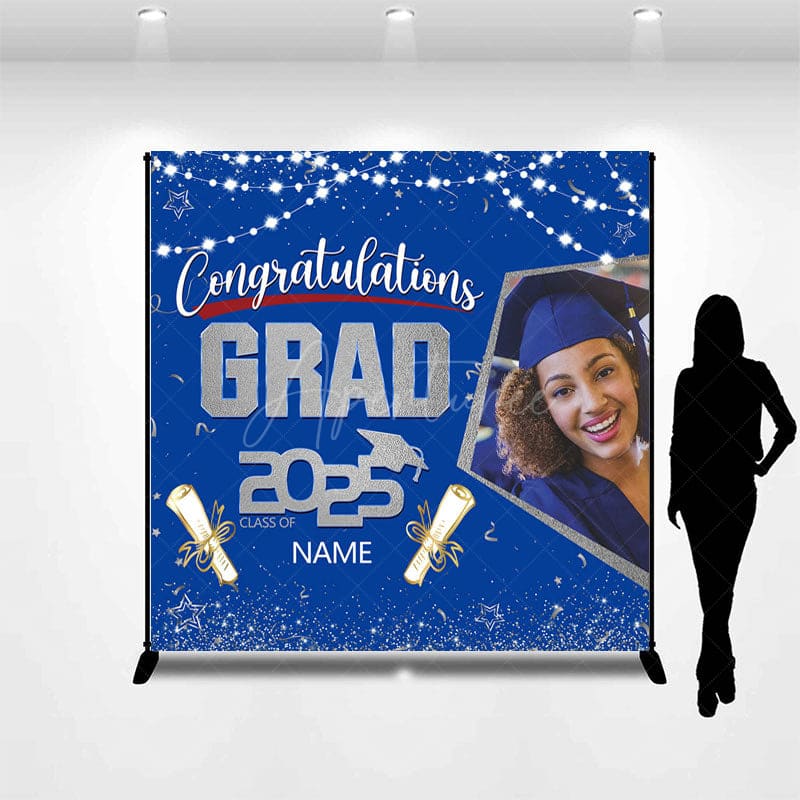 Aperturee - Aperturee Blue Silver Congrats Grad Custom Photo Name Backdrop