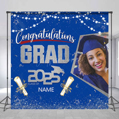 Aperturee - Aperturee Blue Silver Congrats Grad Custom Photo Name Backdrop