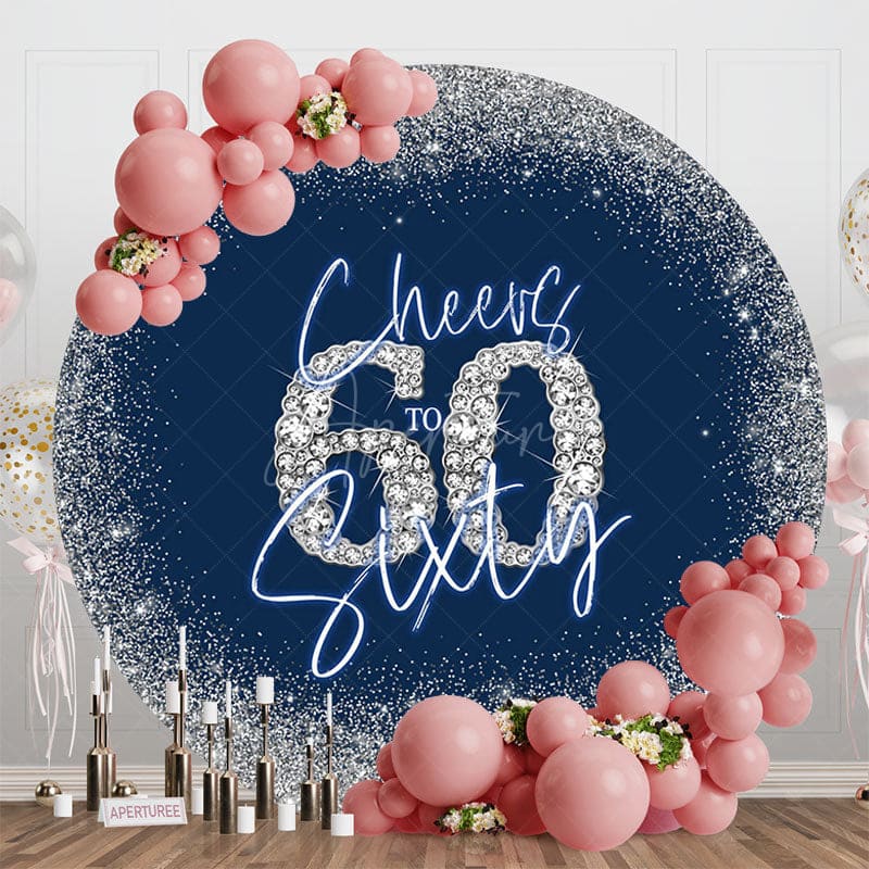 Aperturee - Aperturee Blue Silver Glitter Cheers To Sixty Round Backdrop