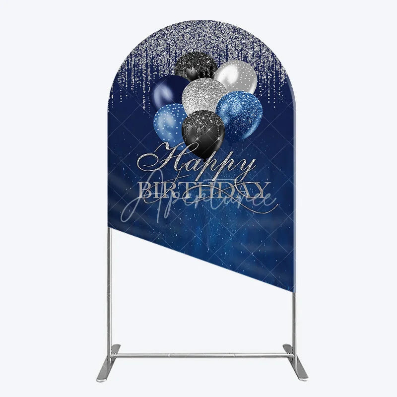 Aperturee - Aperturee Blue Silver Happy Birthday Arch Backdrop Balloon Glitter Rain Party Decor